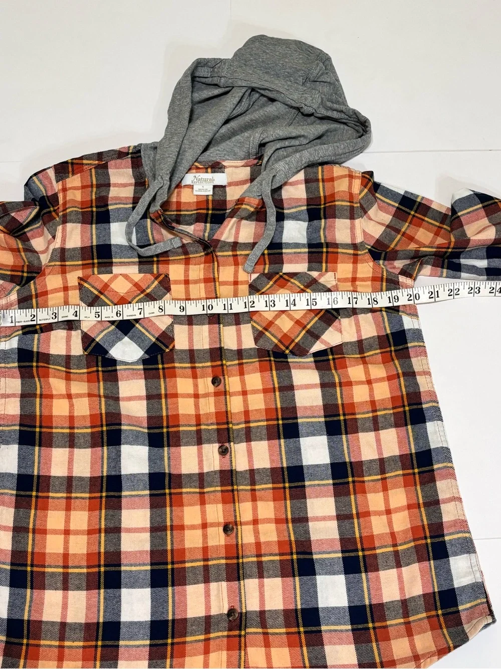 Natural Reflections Orange, Navy & Gray Plaid Hooded Button-Down